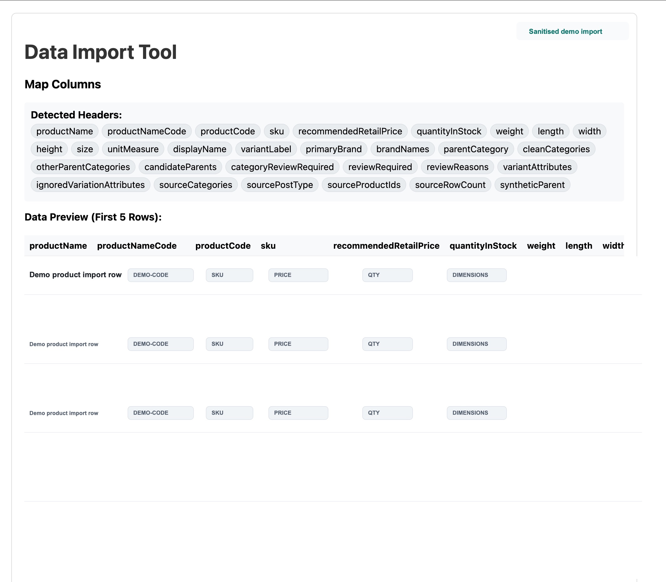 Sanitised VPS Foundation Suite data import tool mapping product columns